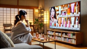 スキンケアのテレビショッピングを見る女性