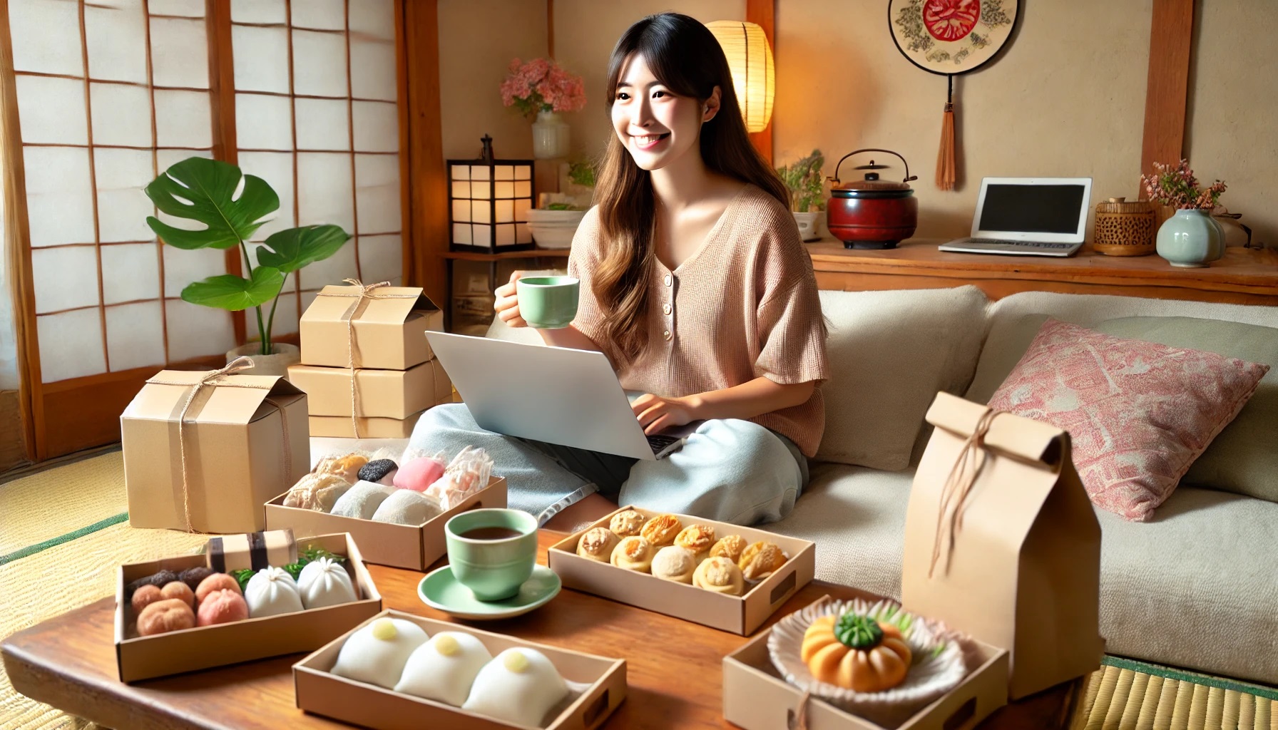 通販でお菓子の取り寄せを楽しむ女性