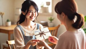 商品券、ギフト券を渡す女性と受け取る笑顔の女性