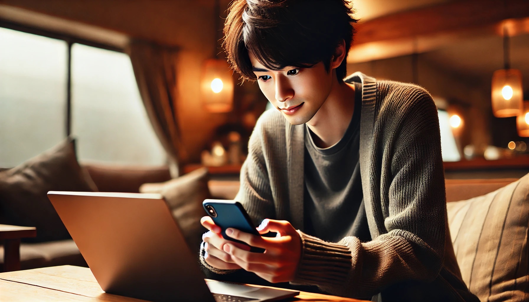 パソコンとスマホで通販サイトを見る男性